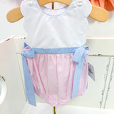 Pink Check Scalloped Bubble w/ Blue Side Bows