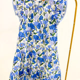 Girls Blue Contrast Piped Ruffle neck Floral Tank Dress