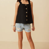 Black Button Detail Ruffle Tank