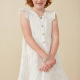 Girls Off White Textured Floral Button Tiered Dress