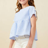 Girls Blue Gingham Contrast Ribbon Babydoll Top