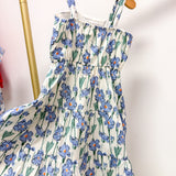 Blue Floral print Pleat Poplin Dress