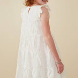Girls Off White Textured Floral Button Tiered Dress