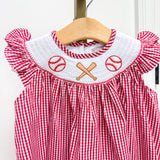 Red Gingham Baseball Smocked Bishop Dress