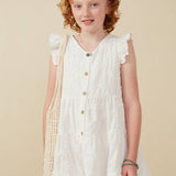 Girls Off White Textured Floral Button Tiered Dress