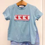 Blue Gingham Crawfish Smocked Shirt and Shorts Set