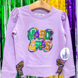 Mardi Gras Beads & Bows Sequin LS Lavender Top