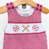 Red Gingham Baseball Smocked Shortalls