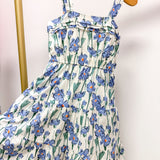 Blue Floral print Pleat Poplin Dress