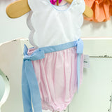 Pink Check Scalloped Bubble w/ Blue Side Bows