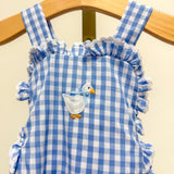 Blue Gingham Goose Lace Bow Ruffle Romper