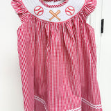 Red Gingham Baseball Smocked Bishop Dress