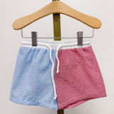 Red & Blue Color-Block Gingham Swim Shorts
