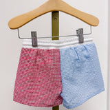 Red & Blue Color-Block Gingham Swim Shorts