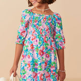 Girls Multi Vivid Floral Smocked Long Sleeve Dress