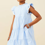 Girls Blue Contrast Piped Ruffle Dress