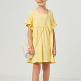 Girls Yellow Smocked Knit Ruffle Sleeve Dress
