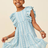 Girls Blue Embroidered Ruffle Lace Dress