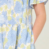 Girls Blue Mix Textured Floral Smocked Midi Dress