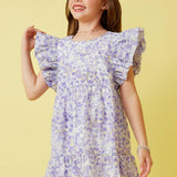 Girls Lavender Ditsy Floral Ruffle Sleeve Dress