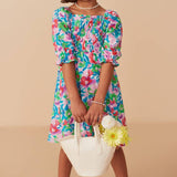 Girls Multi Vivid Floral Smocked Long Sleeve Dress