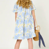 Girls Blue Mix Textured Floral Smocked Midi Dress