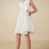 Girls Off White Textured Floral Button Tiered Dress