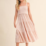 Pink Floral Tween Girls Smocked Tiered Midi Dress