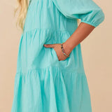 Blue Smocking Puff Sleeve Tiered Dress