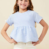 Girls Blue Gingham Contrast Ribbon Babydoll Top