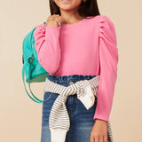Girls Pink Pleated Puff Shoulder LS Knit Top