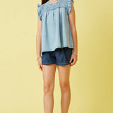 Girls Light Denim Ruffle Smocked Tank
