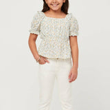 Girls Ivory Embroidered Eyelet Ruffled Floral Peplum Top