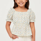 Girls Ivory Embroidered Eyelet Ruffled Floral Peplum Top