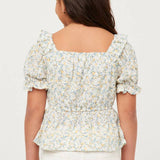Girls Ivory Embroidered Eyelet Ruffled Floral Peplum Top