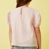 Girls Pink Seersucker Textured Puff Sleeve Top